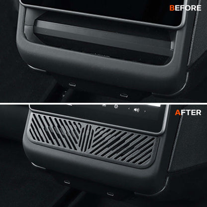 Before and after Tesla Model Y Juniper 2025 Under Seat/Rear Air Vent Cover installation comparing dust protection effect