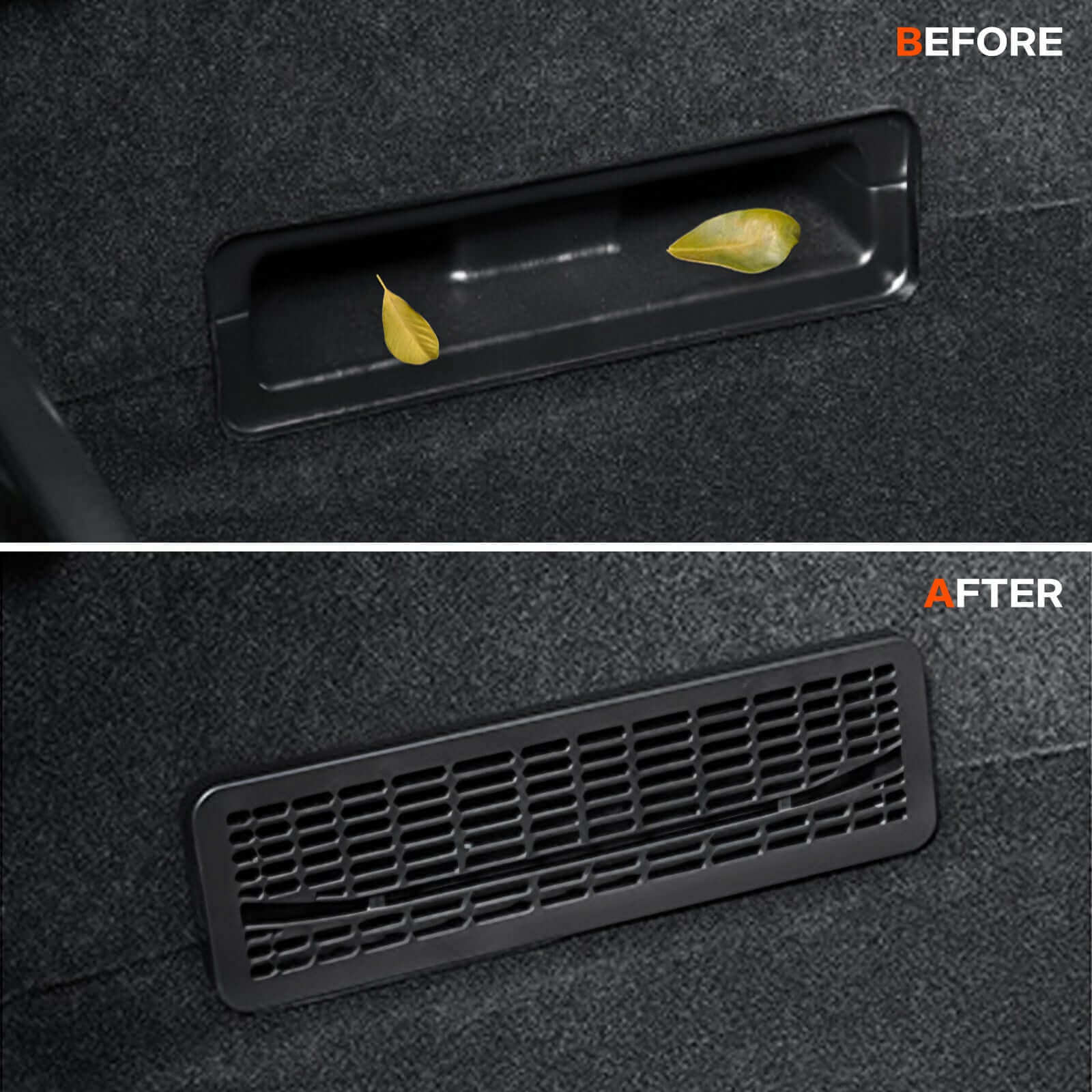 Before and after Tesla Model Y Juniper 2025 Under Seat/Rear Air Vent Cover installation comparison