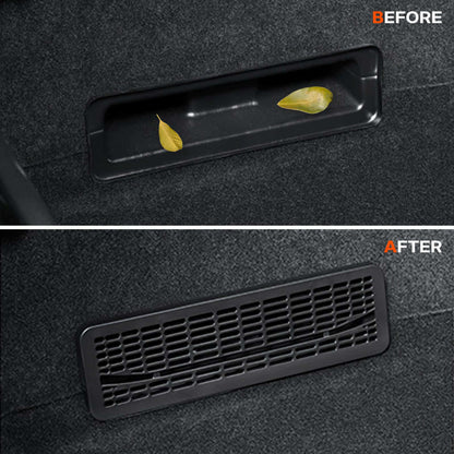 Before and after Tesla Model Y Juniper 2025 Under Seat/Rear Air Vent Cover installation comparison