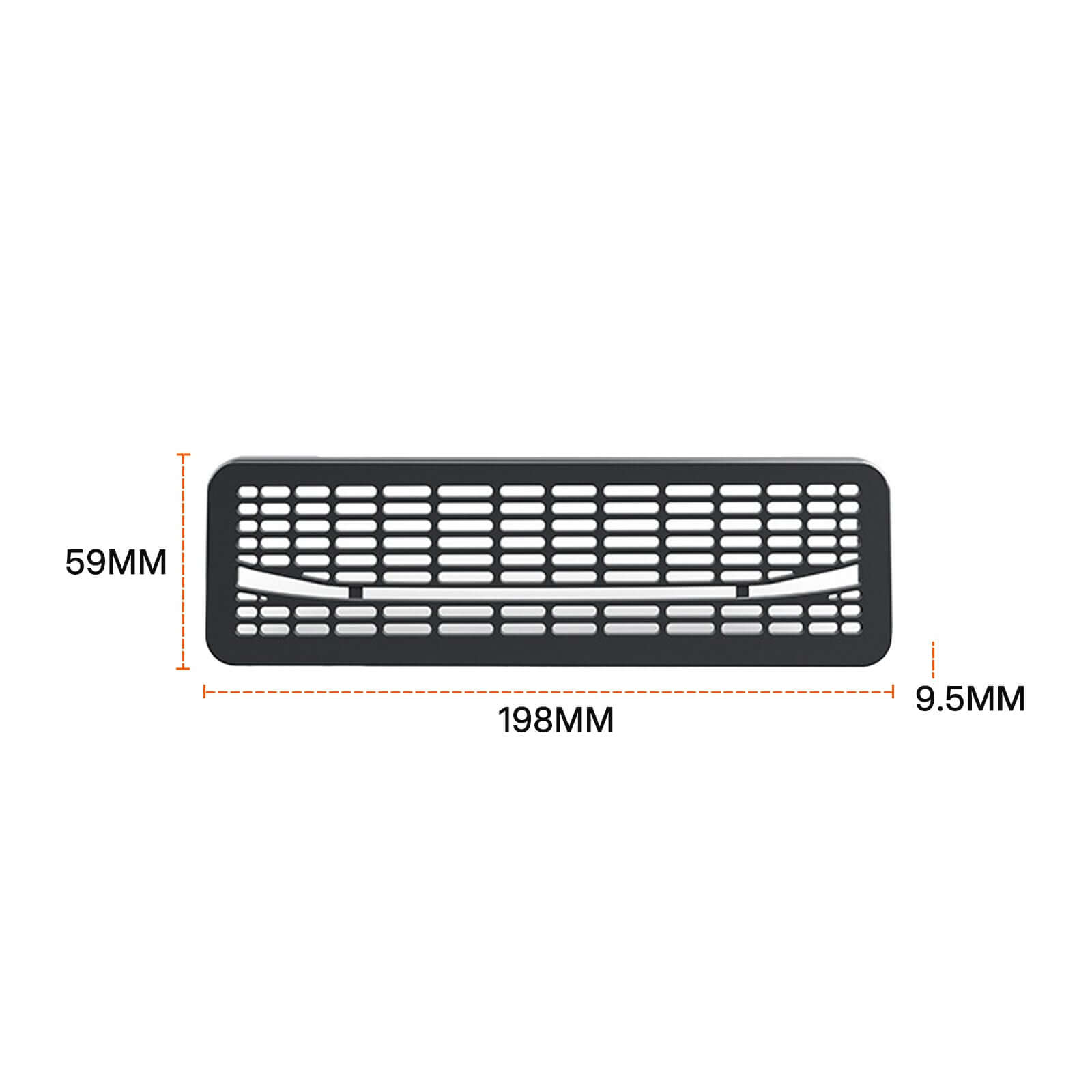 Close-up of Tesla Model Y Juniper 2025 Under Seat/Rear Air Vent Cover dimensions showing precise measurements
