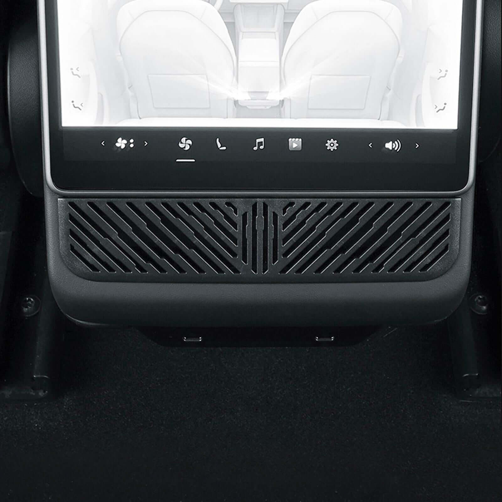 Tesla Model Y Juniper 2025 Under Seat/Rear Air Vent Cover in vehicle interior showing HVAC system protection
