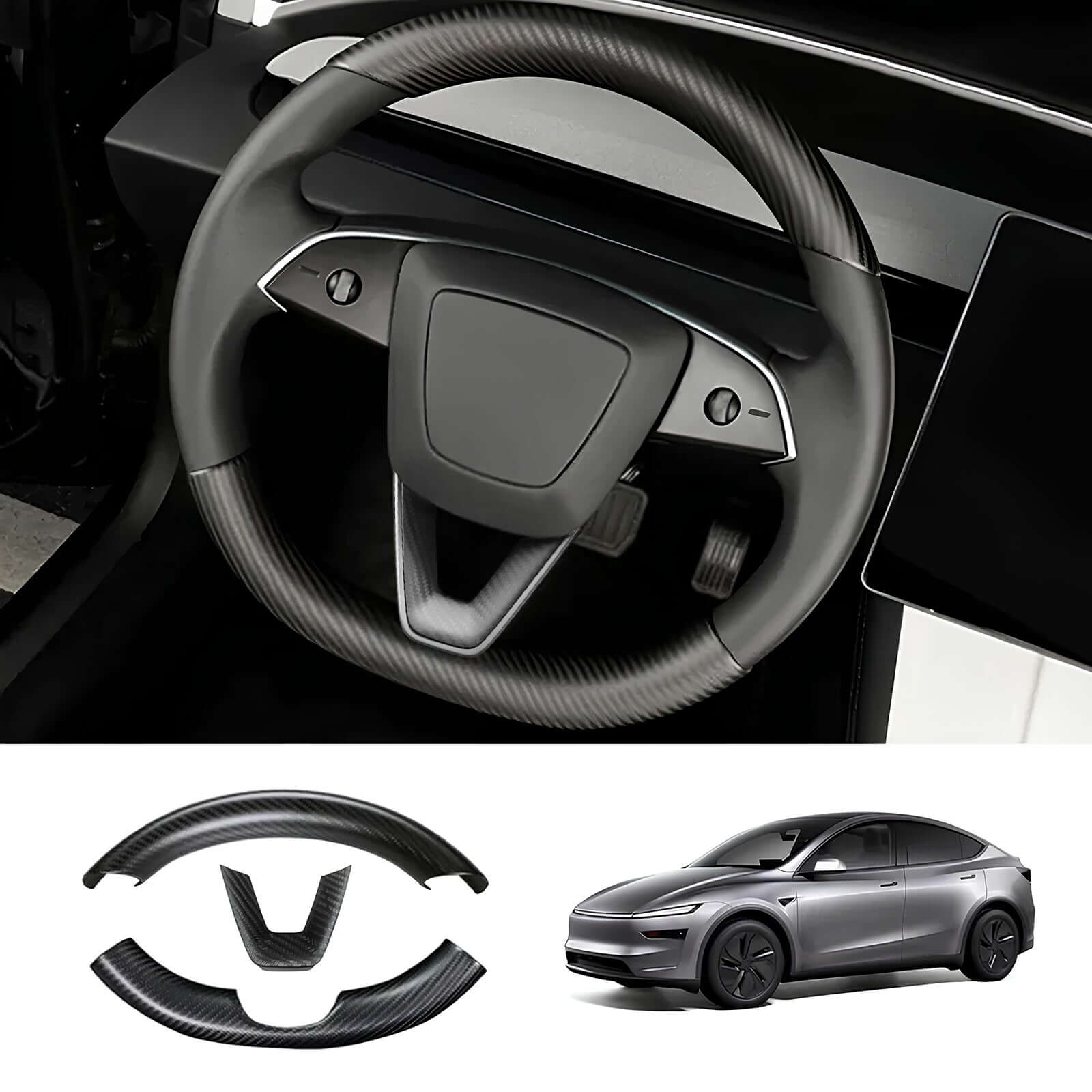 Tesla Model Y Juniper 2025 interior with Real Dry Carbon Fiber Steering Wheel Trim Cover Kit installed