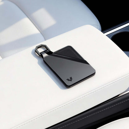 Tesla Model Y Key Card Holder - Magnetic Snap Cover & Reinforced Backplate in sleek black on white console
