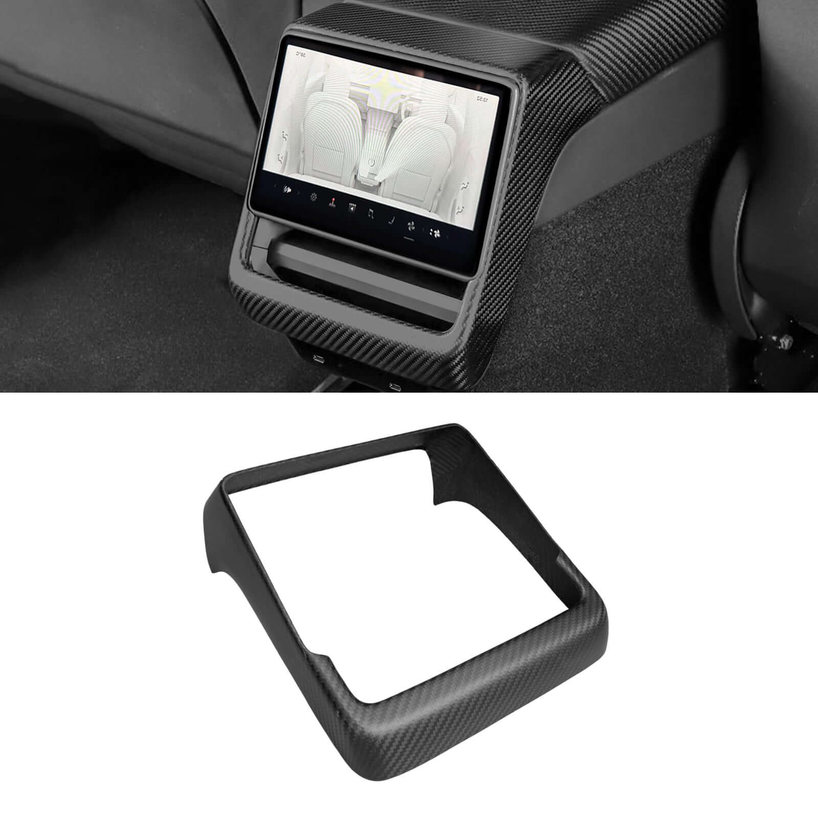 Tesla Tesla Model 3 Highland 2024 & Model Y Juniper 2025 rear screen frame cover installed with OEM fit and real dry carbon fiber texture